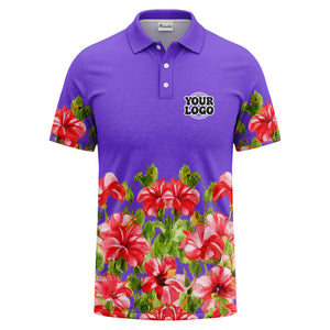 watercolor hibiscus & emerald leaf tropical polo shirt for men