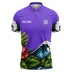 watercolor ocean wave palm leaf hibiscus floral navy blue polo shirt for men