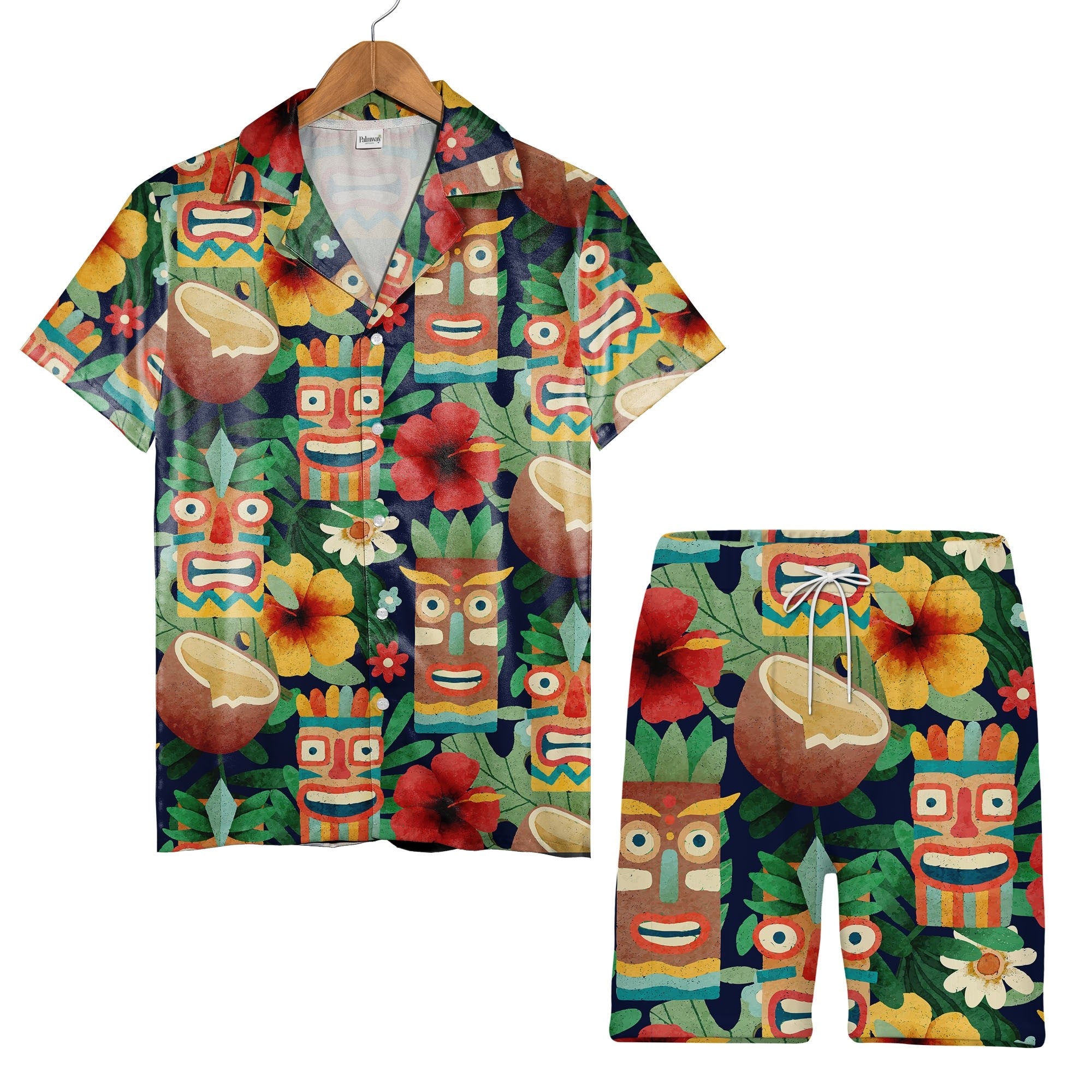 Watercolor Tiki Mask Hawaiian Shirt with Coconuts on Navy Blue