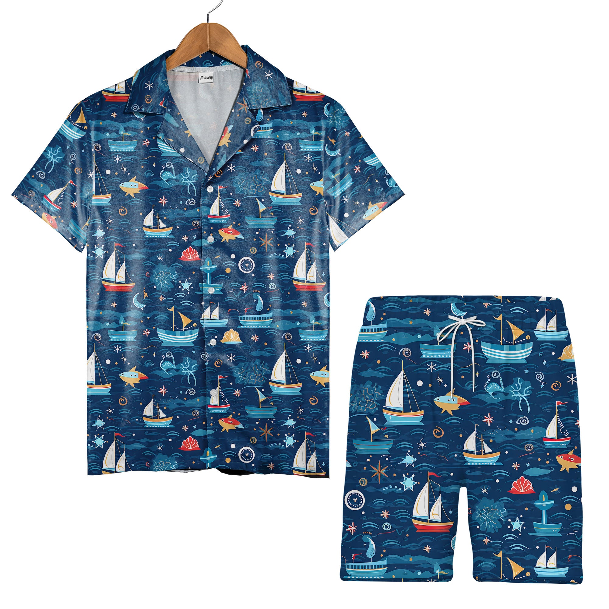 Whimsical Ocean Sailboat & Starfish Hawaiian Shirt – Anchor Compass Marine Print