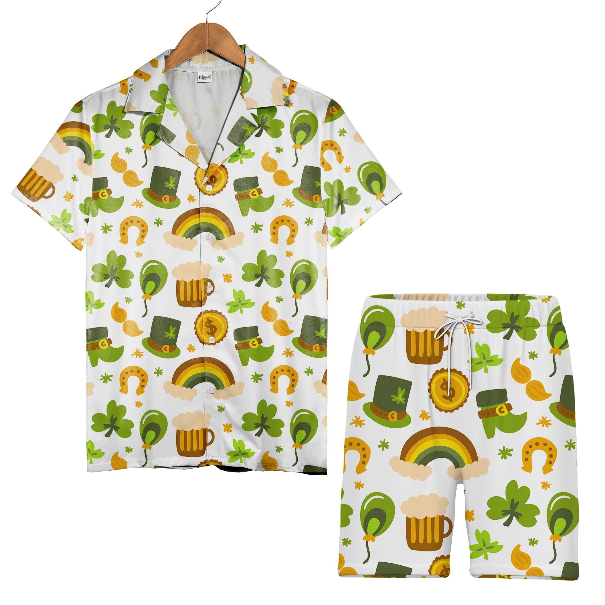 Whimsical St Patricks Day Hawaiian Shirt with Leprechaun Boots and Rainbows