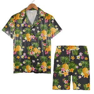 White Brushstroke Pineapple Hawaiian Shirt with Hummingbird on Navy