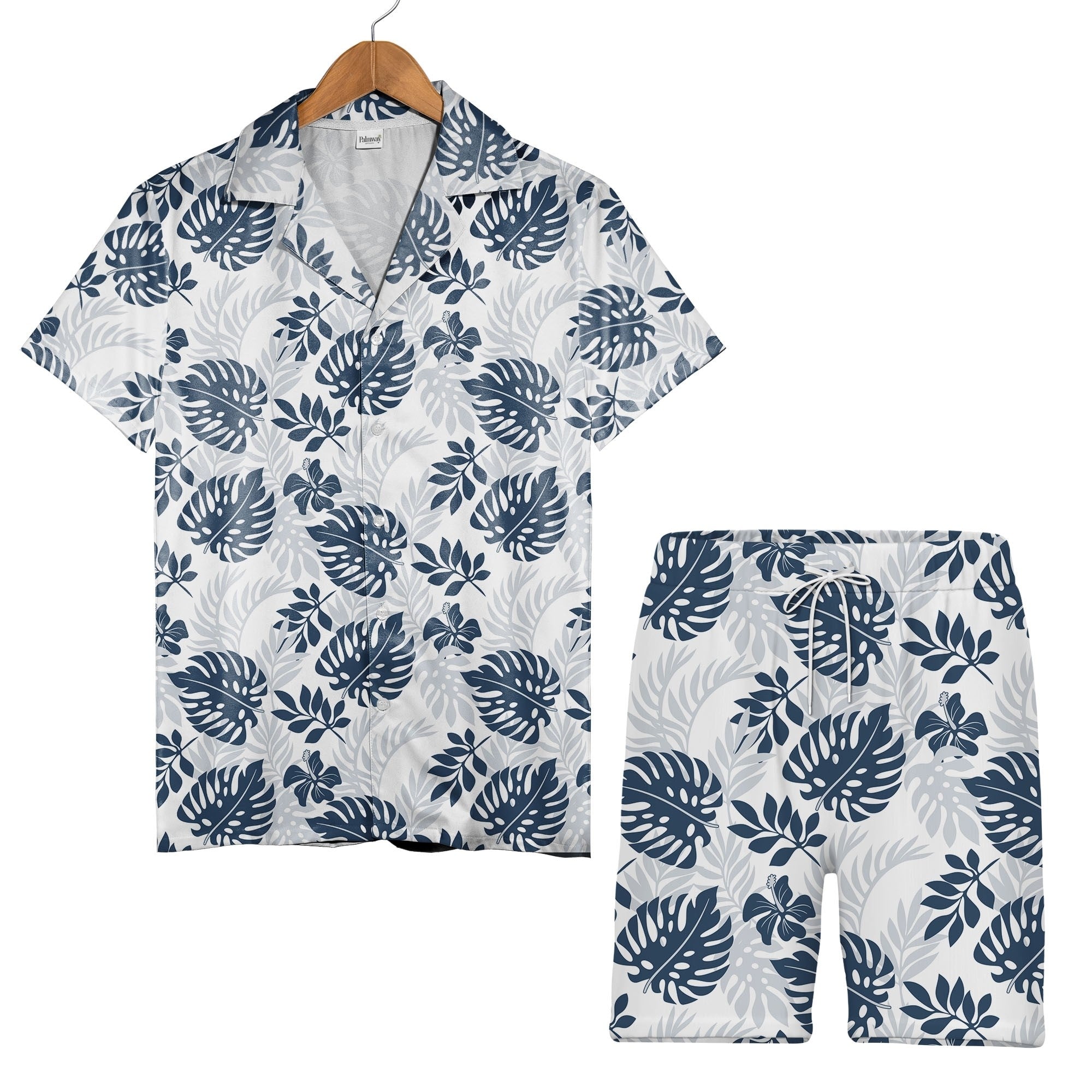 White Calm Elegant Monstera Hawaiian Shirt with Navy Blue Hibiscus Silhouettes