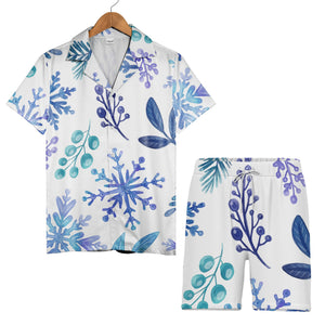 White Watercolor Branch Hawaiian Shirt with Blue Gradient Snowflakes