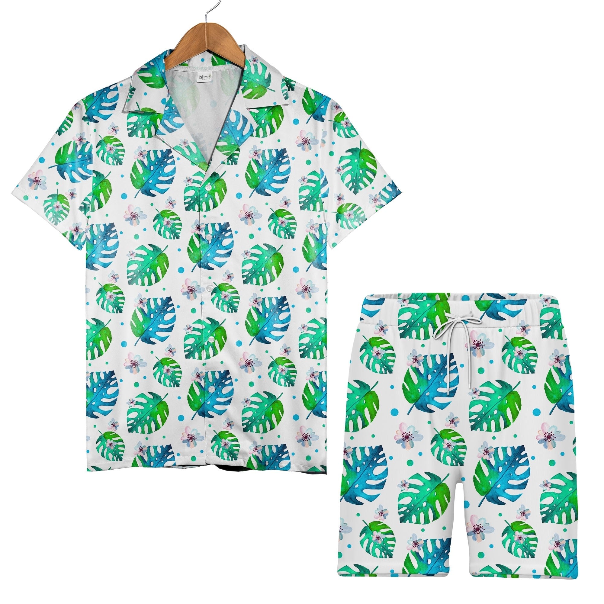 White Watercolor Monstera Hawaiian Shirt with Pink Blue Gradient Flowers