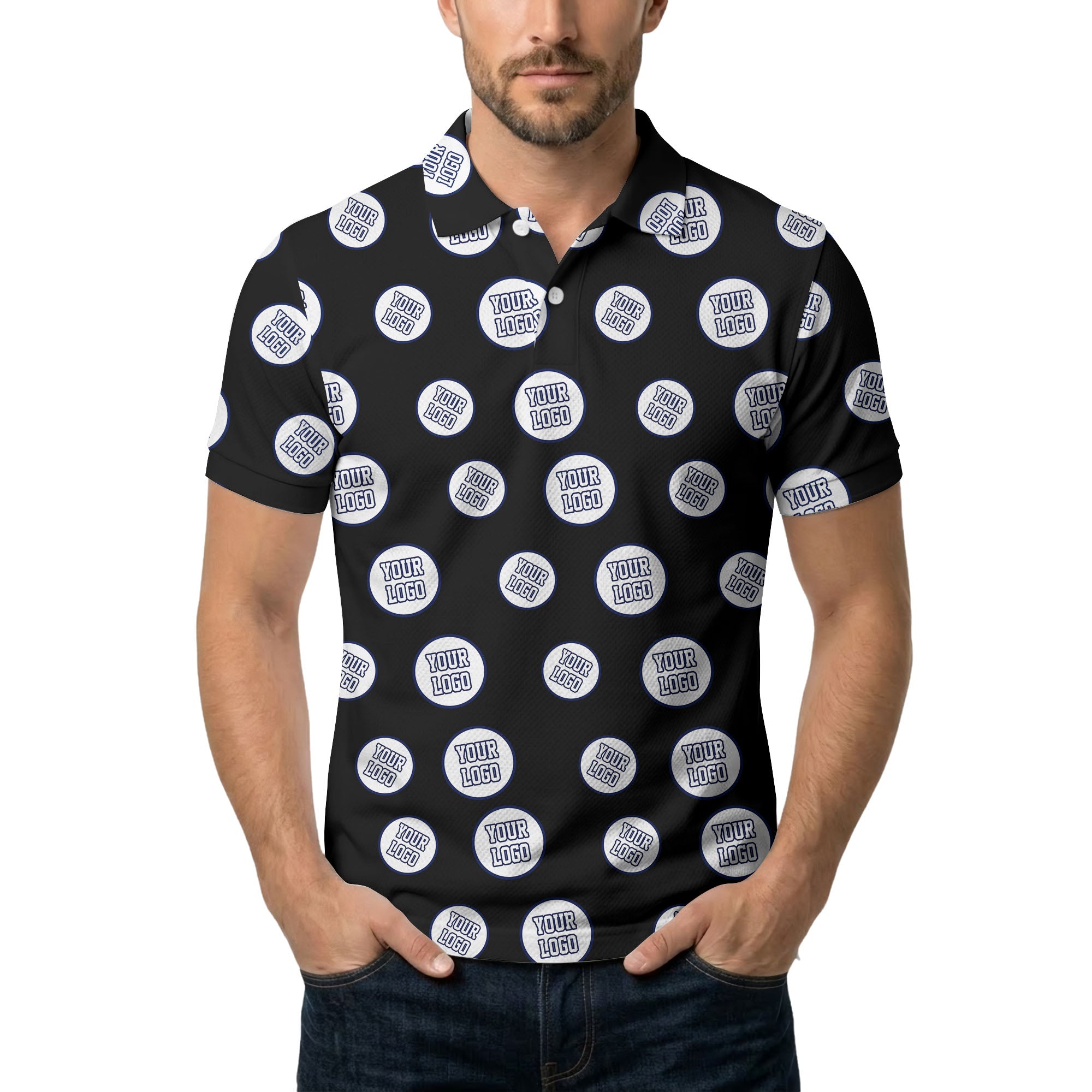 custom color logo polo shirt | repeating text pattern for corporate wear