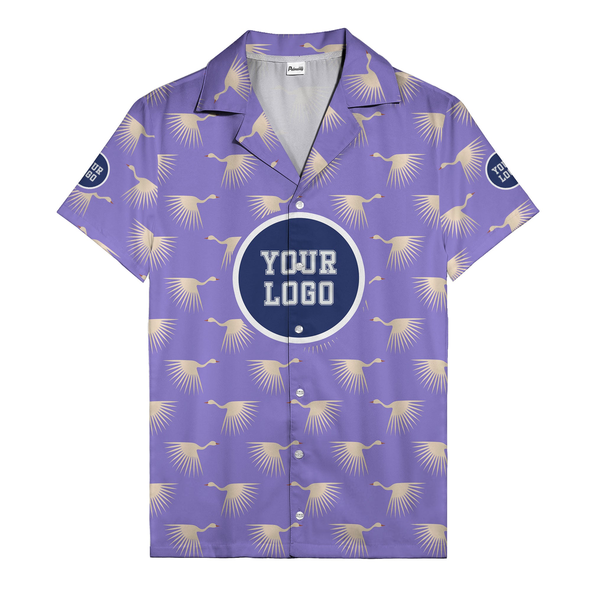 art deco crane silhouette logo beige navy hawaiian shirt