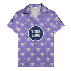 art deco crane silhouette logo beige navy hawaiian shirt
