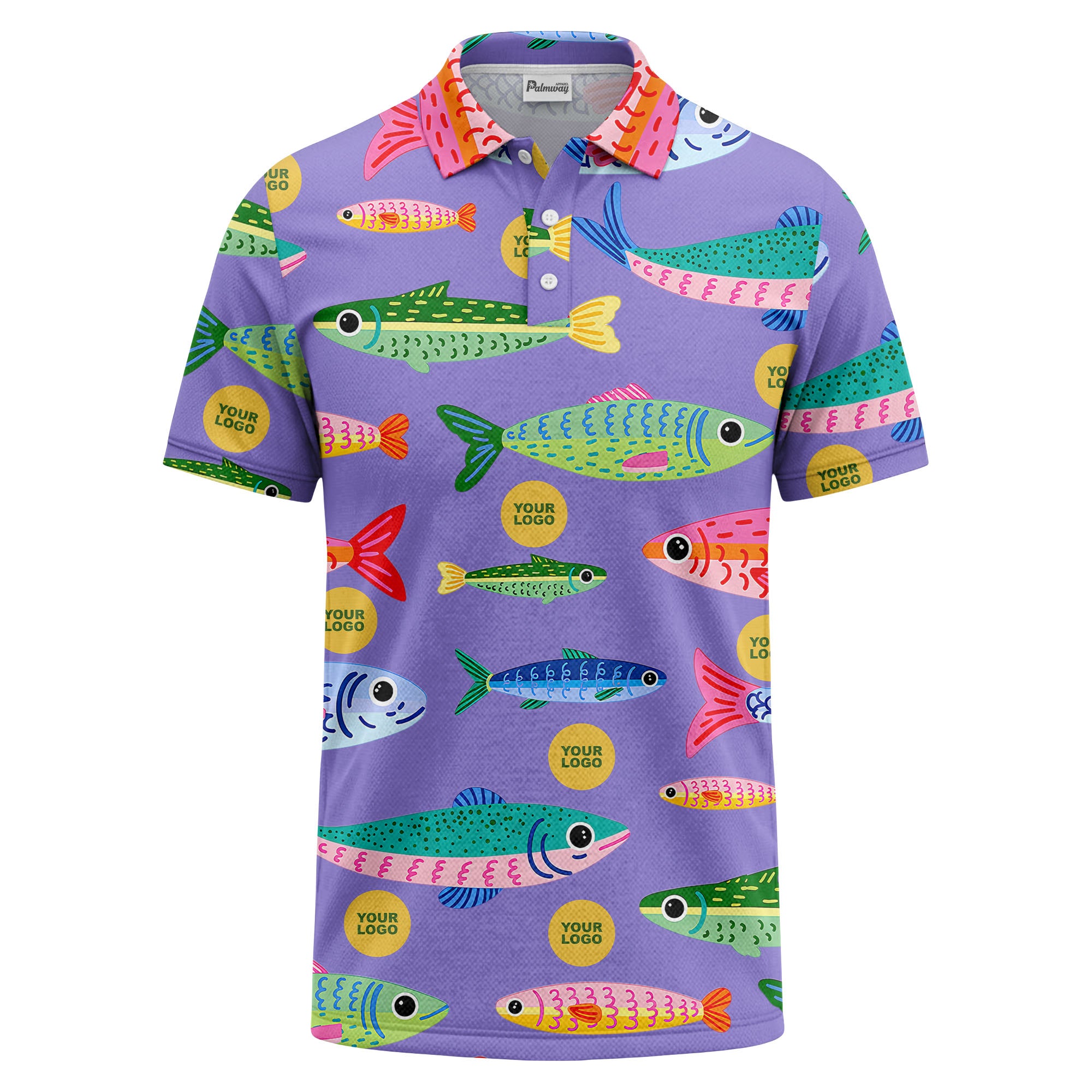 colorful cartoon fish & custom logo repeat all-over print polo shirt