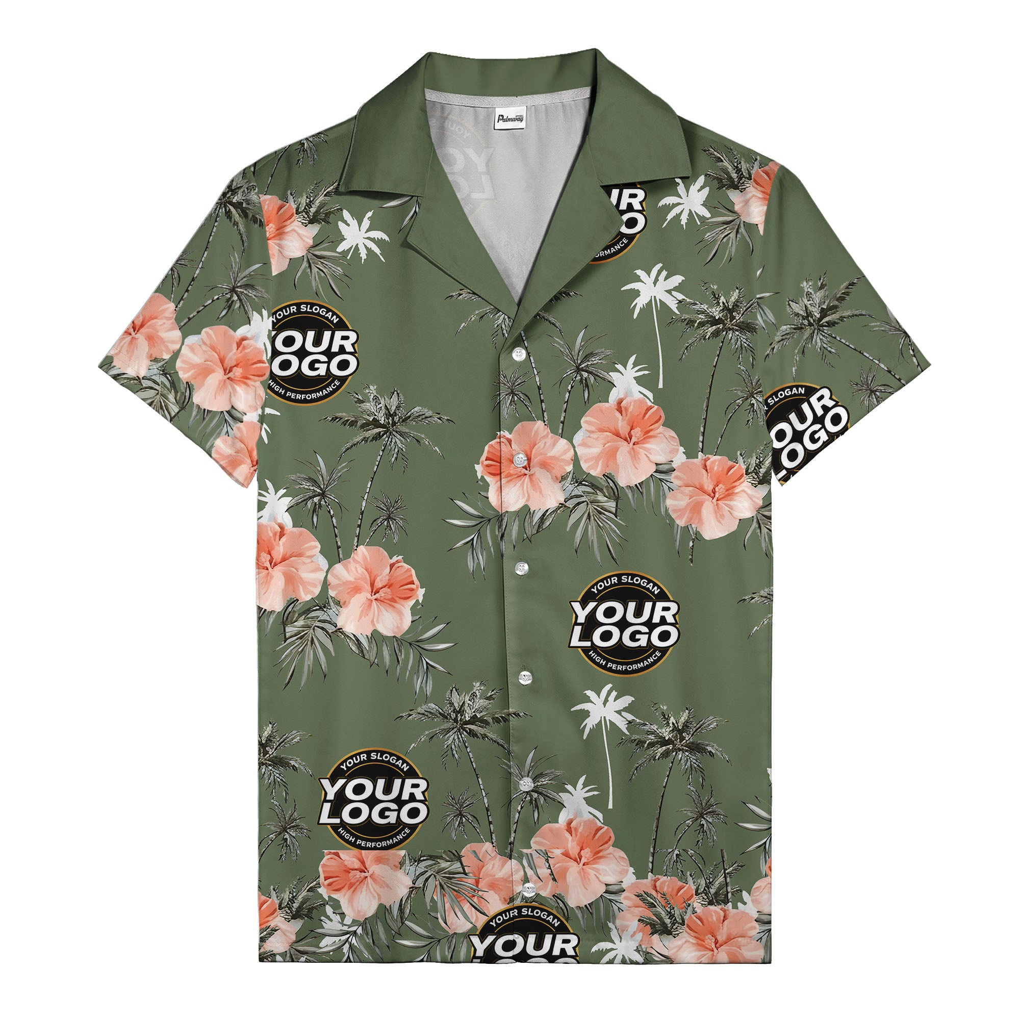 coral pink hibiscus & palm trees on black hawaiian shirt for men