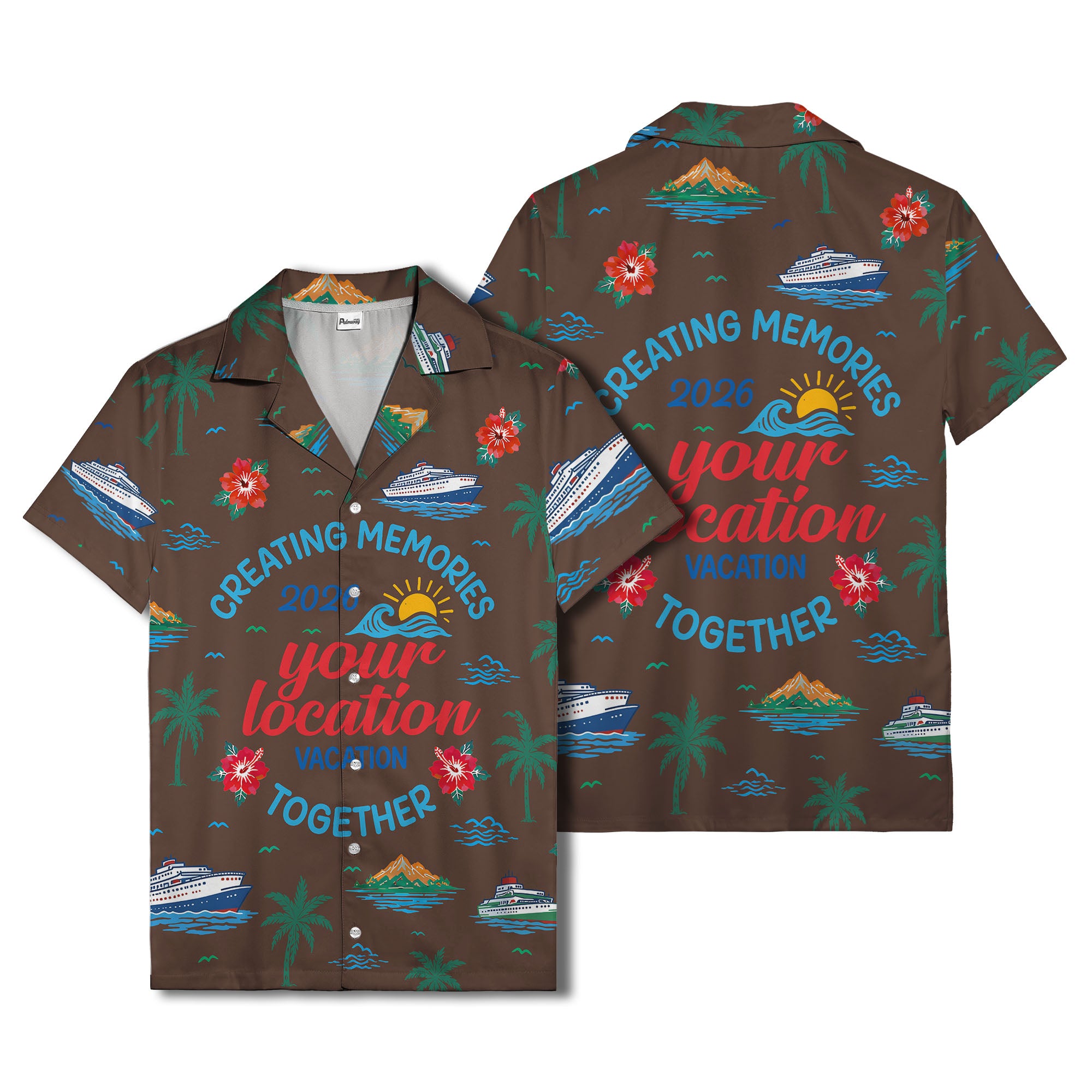 cruise ship & palm fronds watercolor vacation memories hawaiian shirt