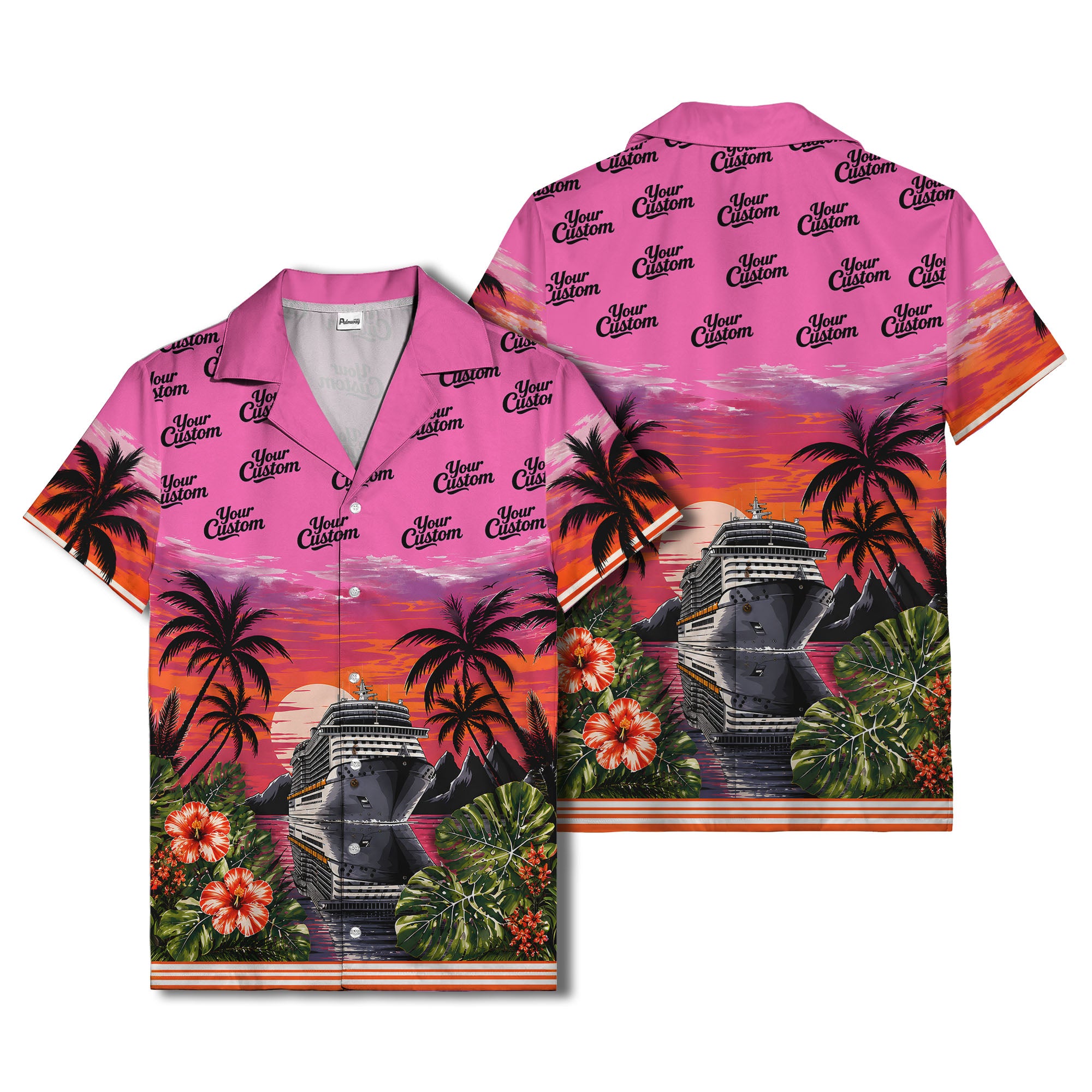 cruise ship sunset palm trees hibiscus flowers hawaiian shirt for men