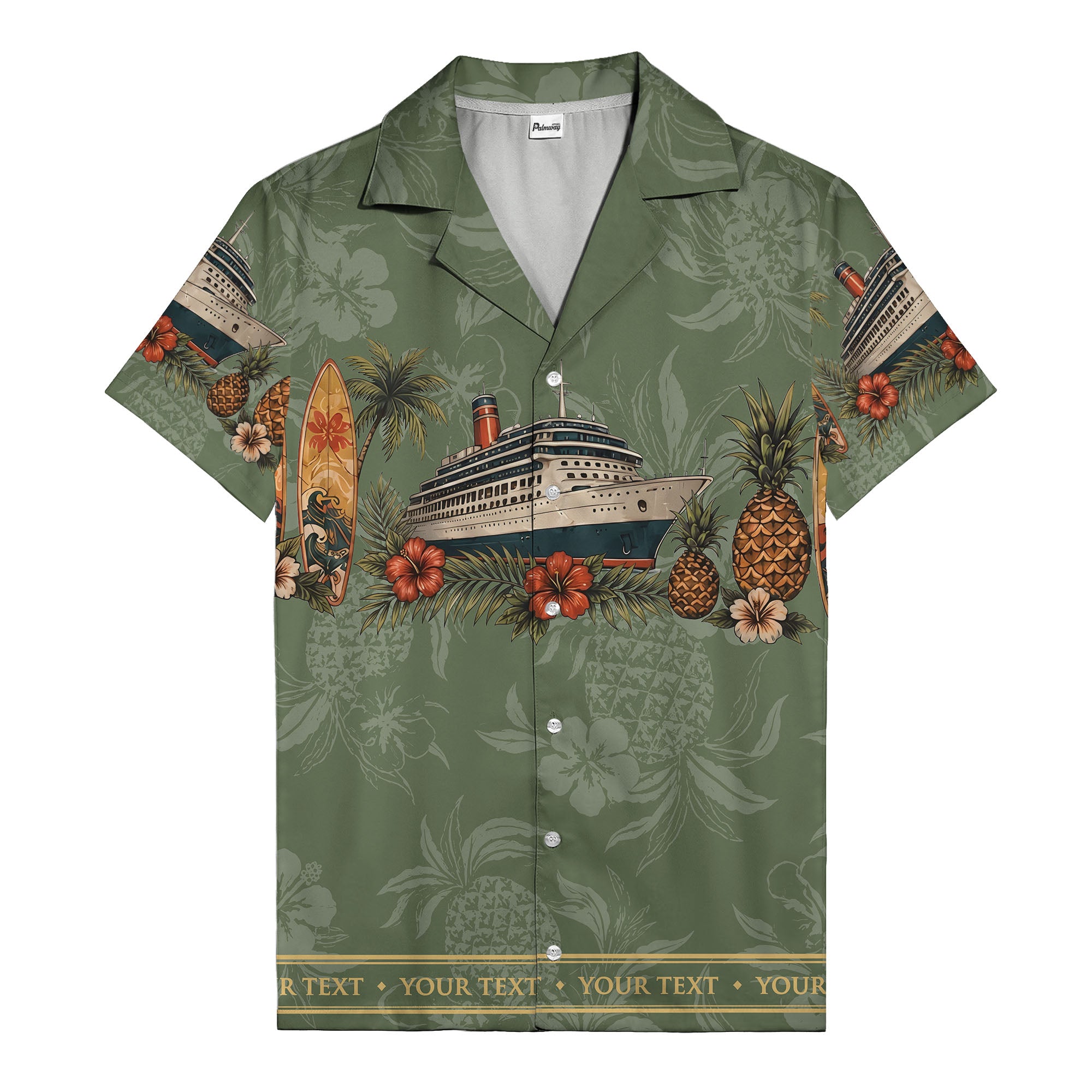 cruise ship surfboard pineapple palm hibiscus hawaiian shirt