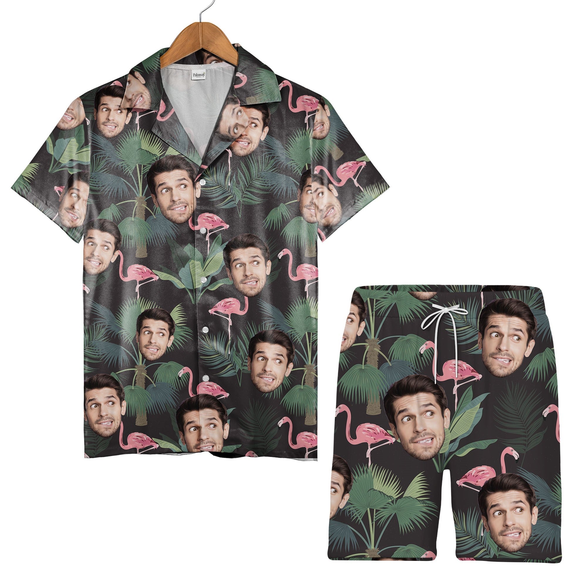 Custom Face with Flamingos Hawaiian Shirt in Navy Tropical Design