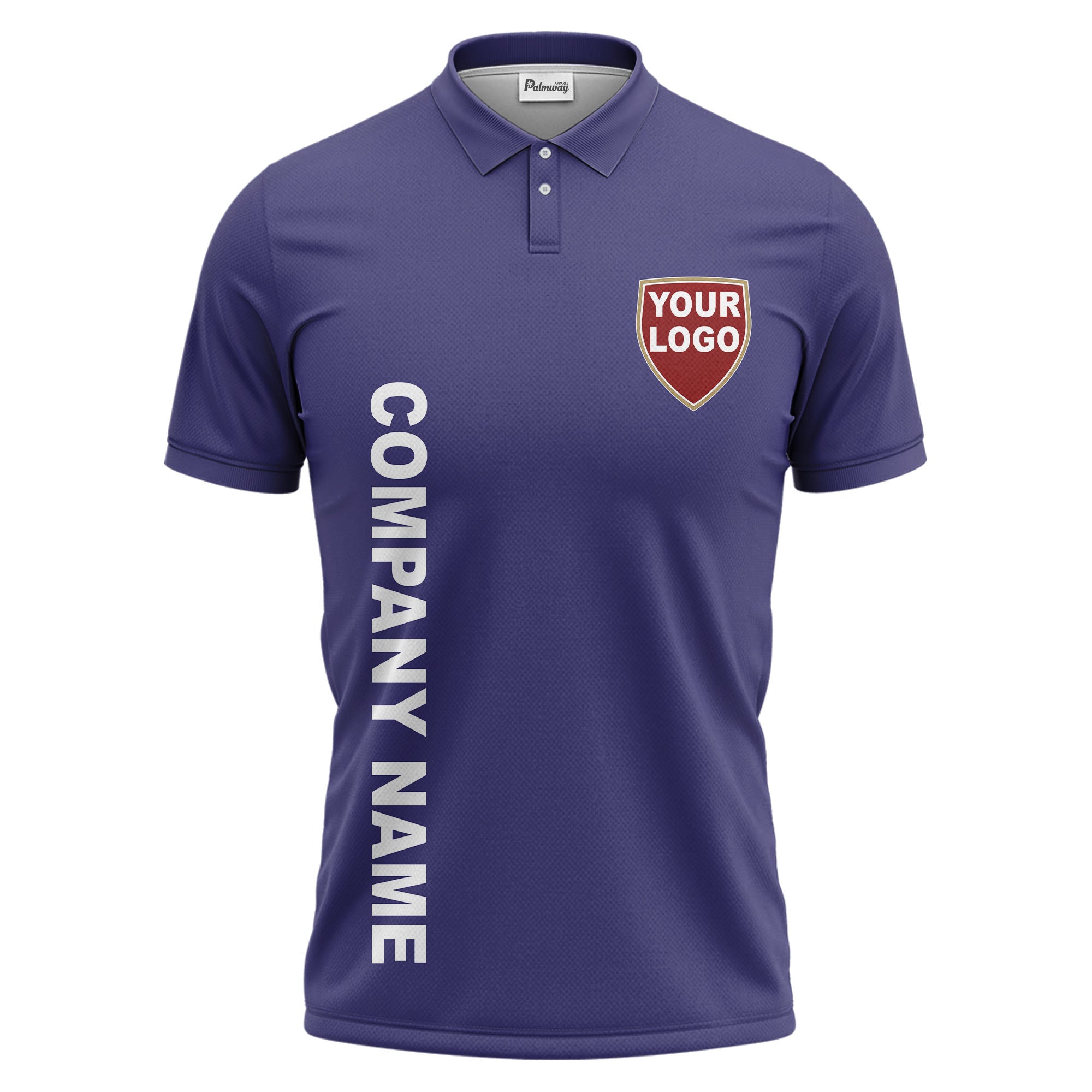 custom shield logo vertical text corporate branded polo shirt