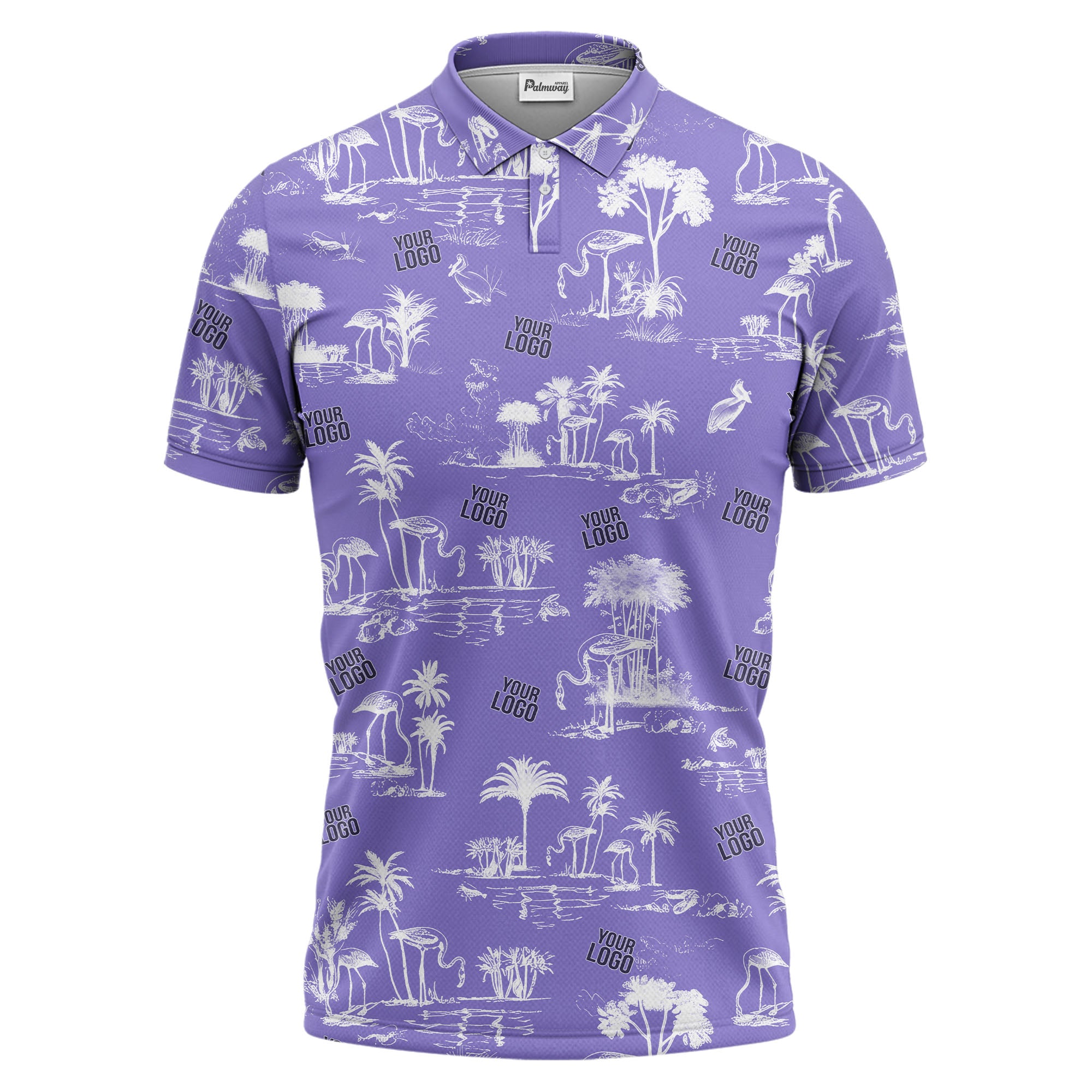 flamingo oasis palm trees sketch pattern black white polo shirt for men