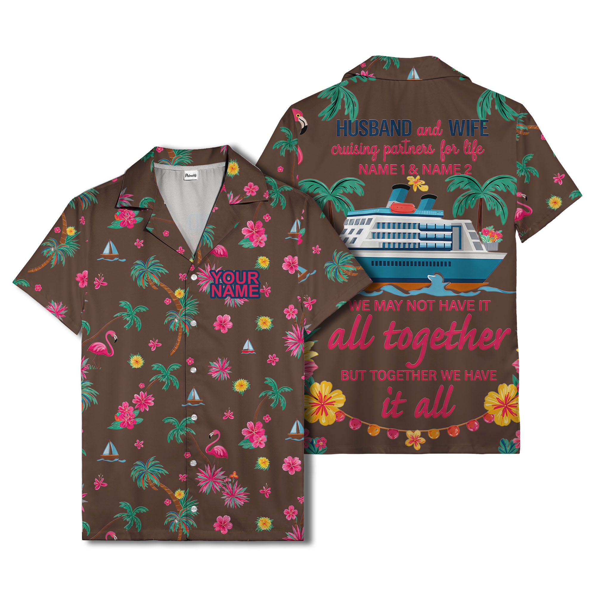 flamingo sailboat hibiscus palm watercolor hawaiian shirt