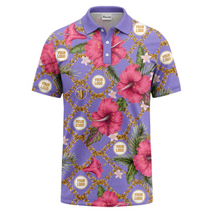 gold chain & pink hibiscus luxury illustrated polo shirt for men