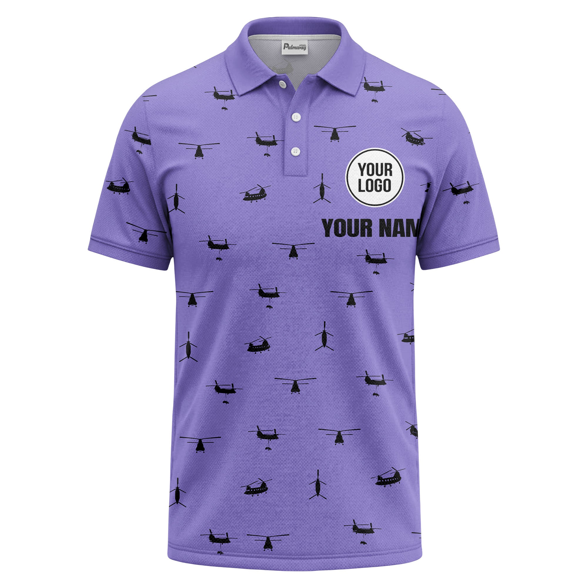 helicopter silhouette repeat pattern custom logo men's aviation polo shirt