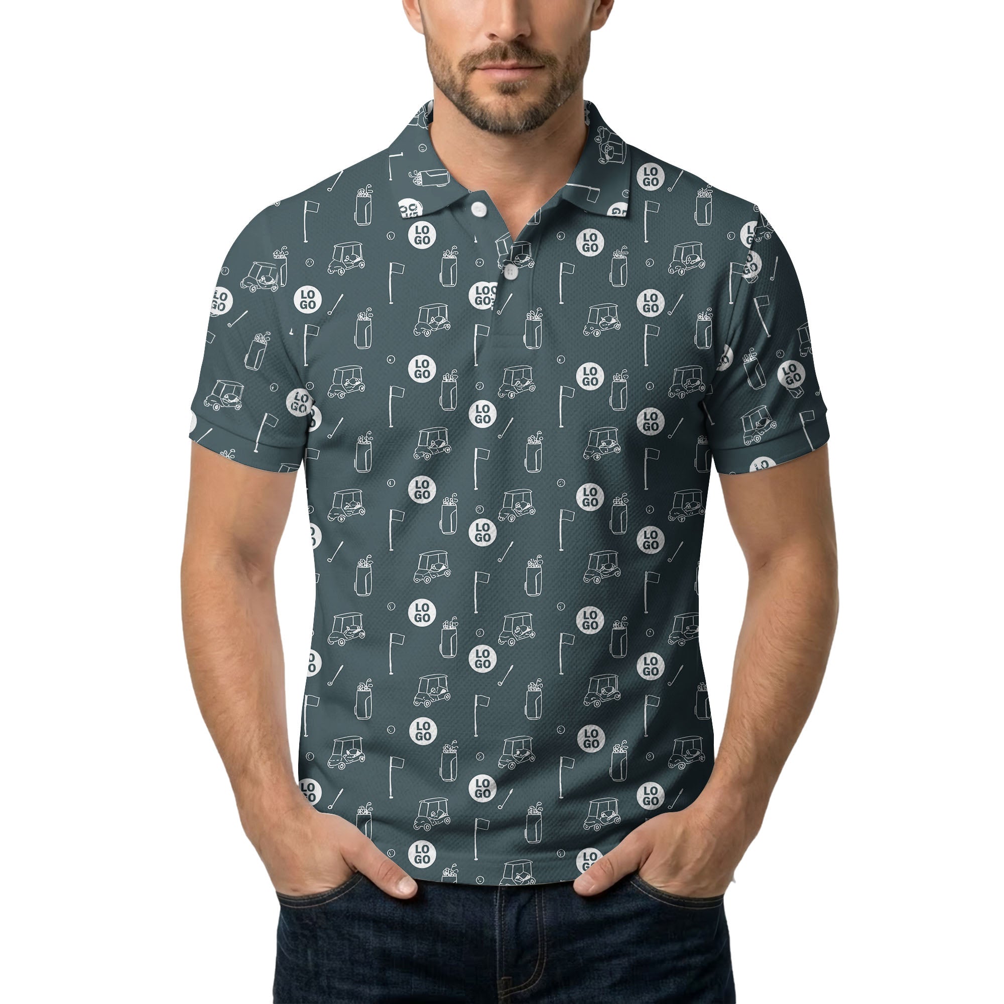 illustrated golf carts & clubs repeating on dark gray hawaiian polo shirt for men