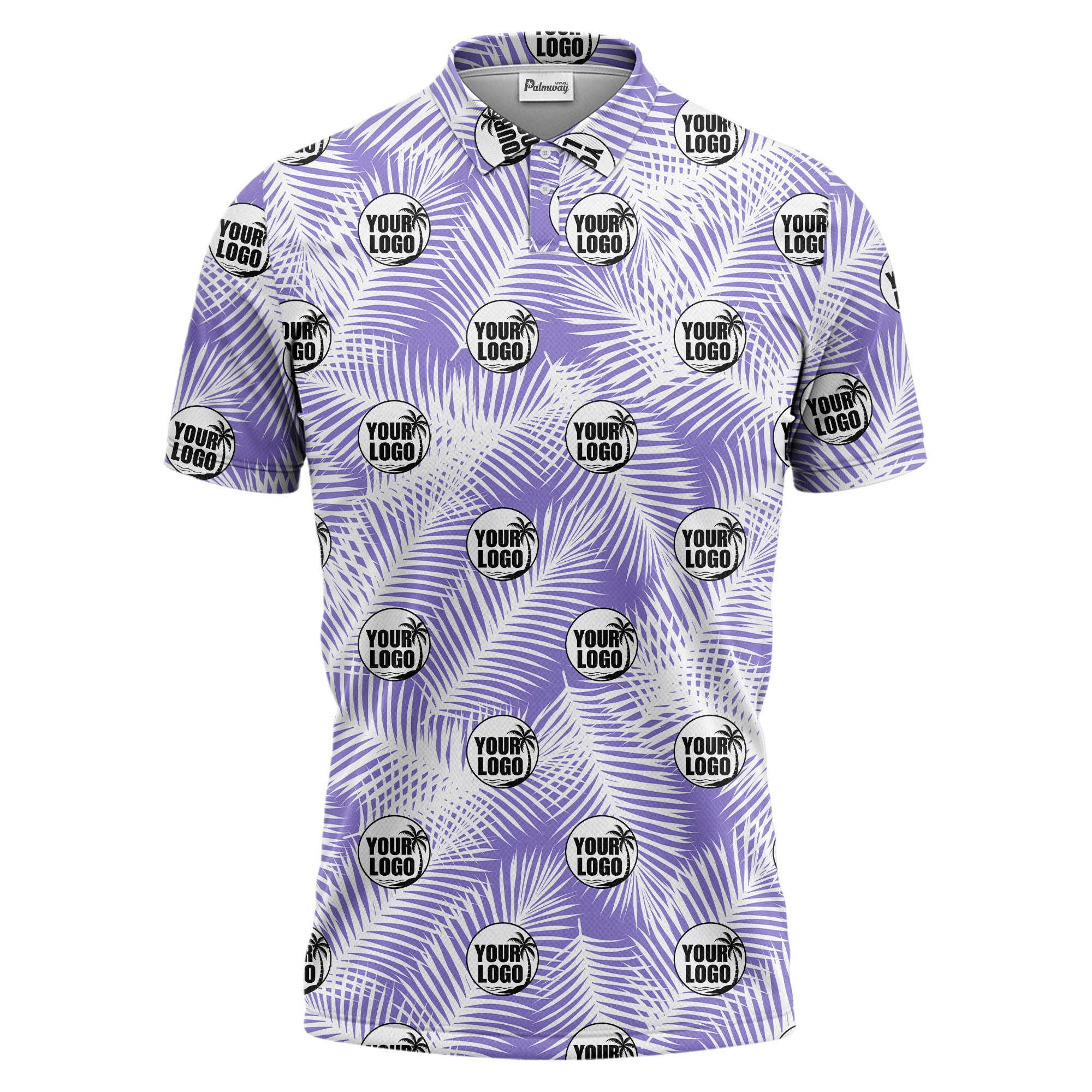 illustrated palm leaf logo repeating tropical polo shirt for men