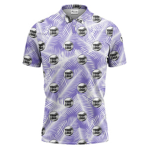 illustrated palm leaf logo repeating tropical polo shirt for men