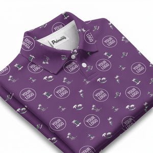illustrated purple tropical island palm trees surfboards polo shirt for men