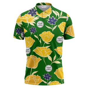 illustrated tropical floral vacation polo shirt splashed with hibiscus leaves