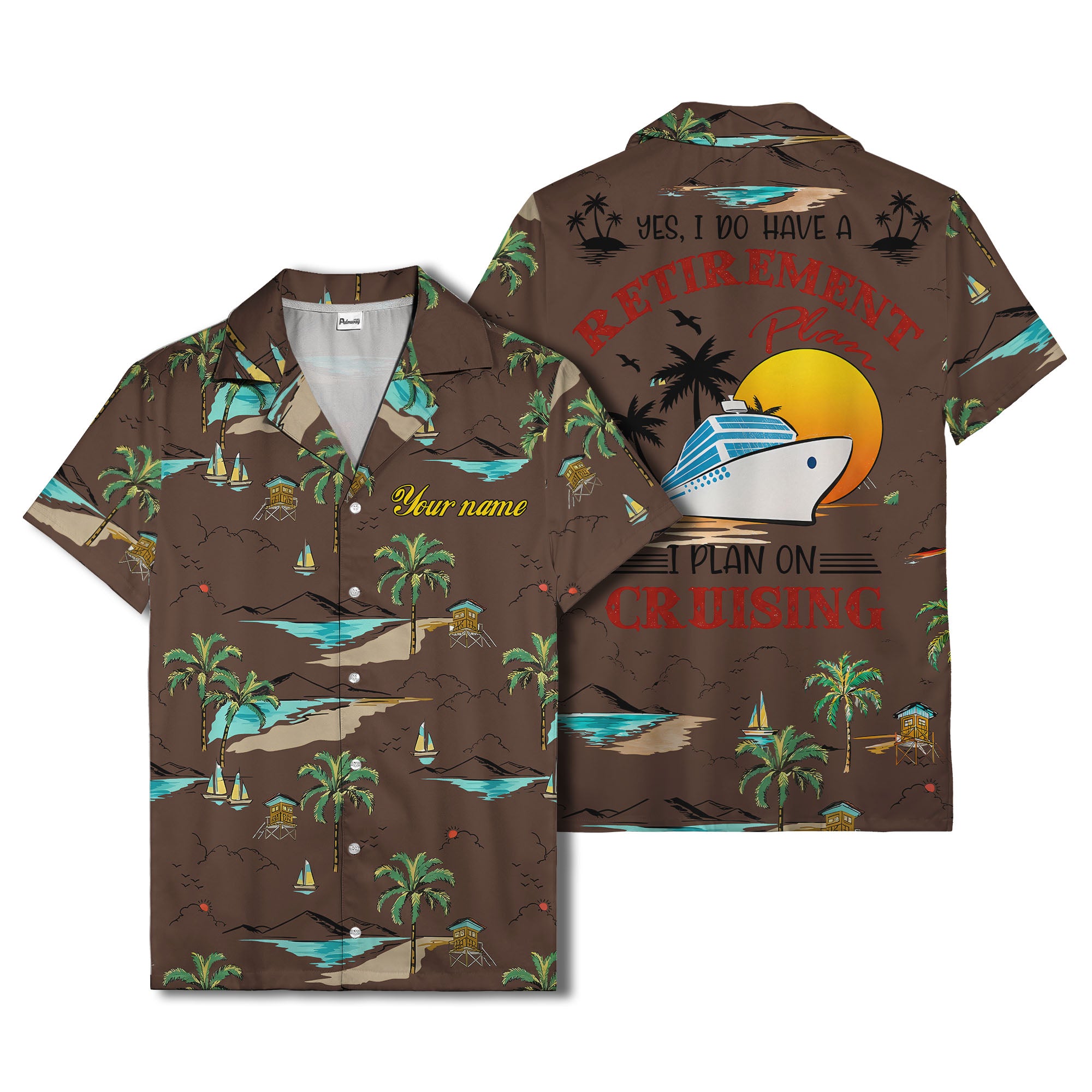 island paradise palm trees & sailboats sunset hawaiian shirt