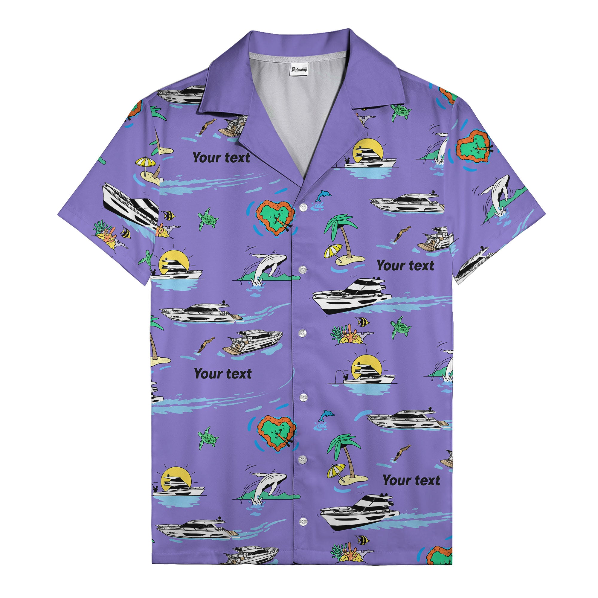 luxury yacht & heart-shaped island cartoon hawaiian shirt