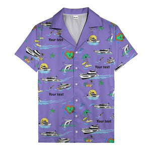 luxury yacht & heart-shaped island cartoon hawaiian shirt