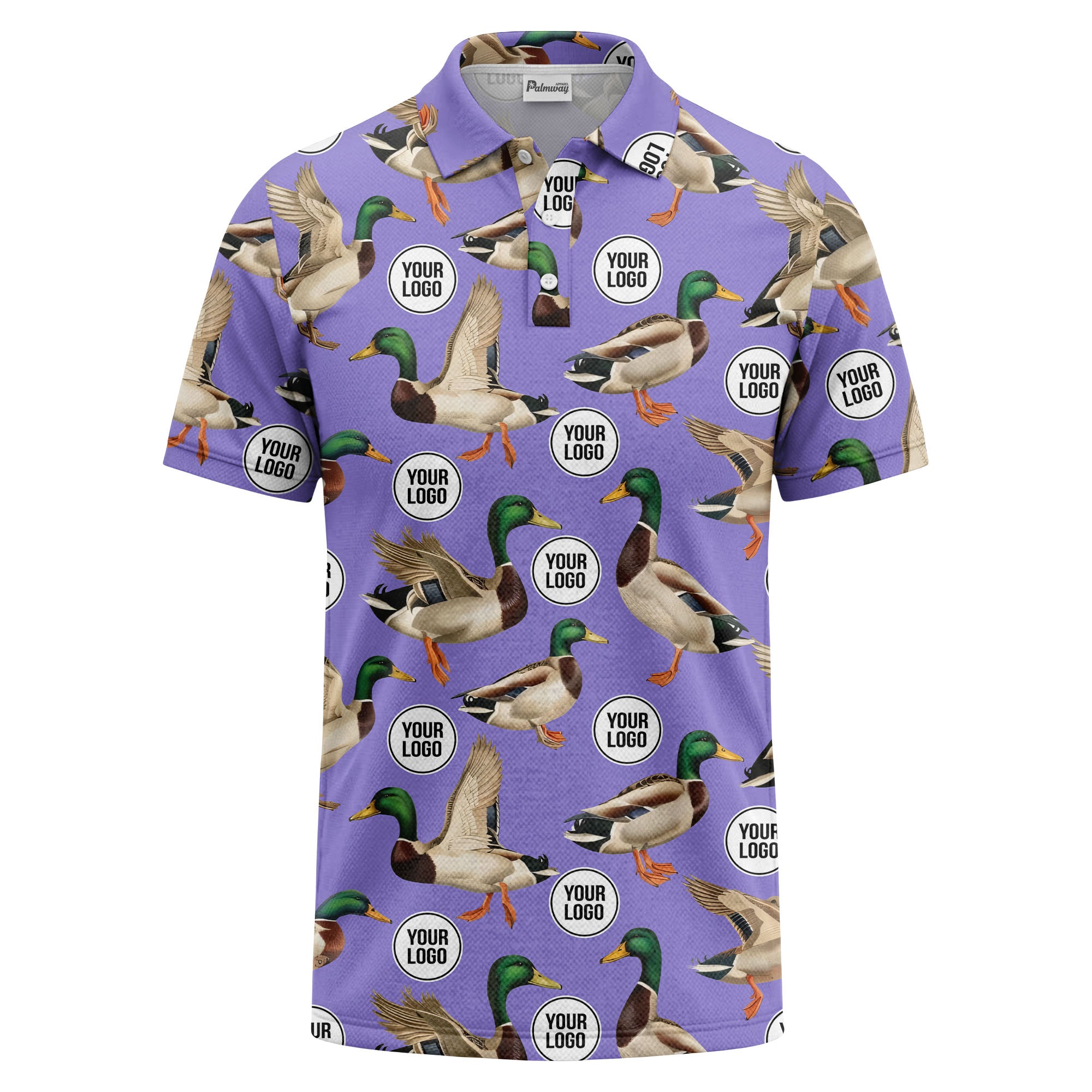 mallard duck flock & custom logo repeat photorealistic polo shirt