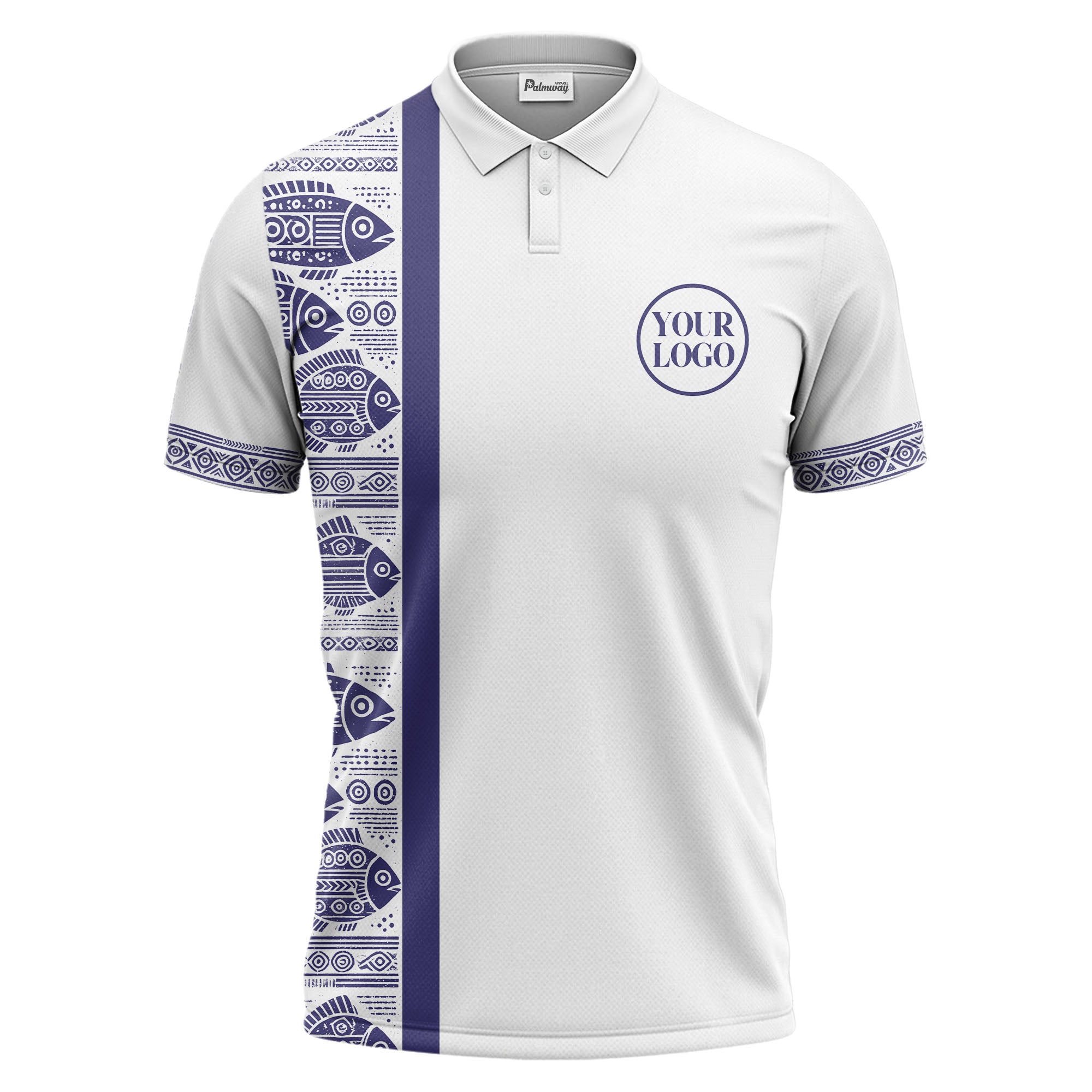 monochrome tribal fish & geometric borders patterned polo shirt for men