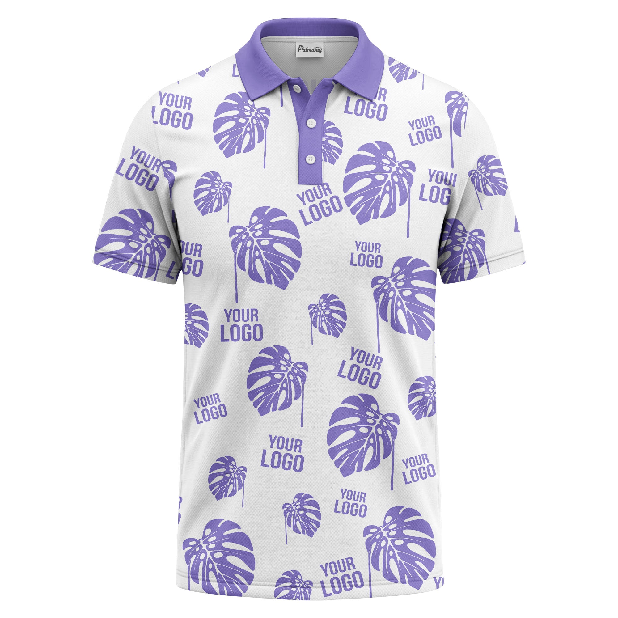 monstera leaves & custom logo repeat black white hawaiian polo shirt