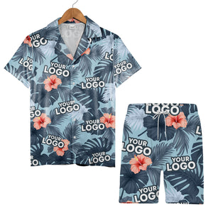 Navy Blue Corporate Hawaiian Shirt with Hibiscus and Custom Logo Space