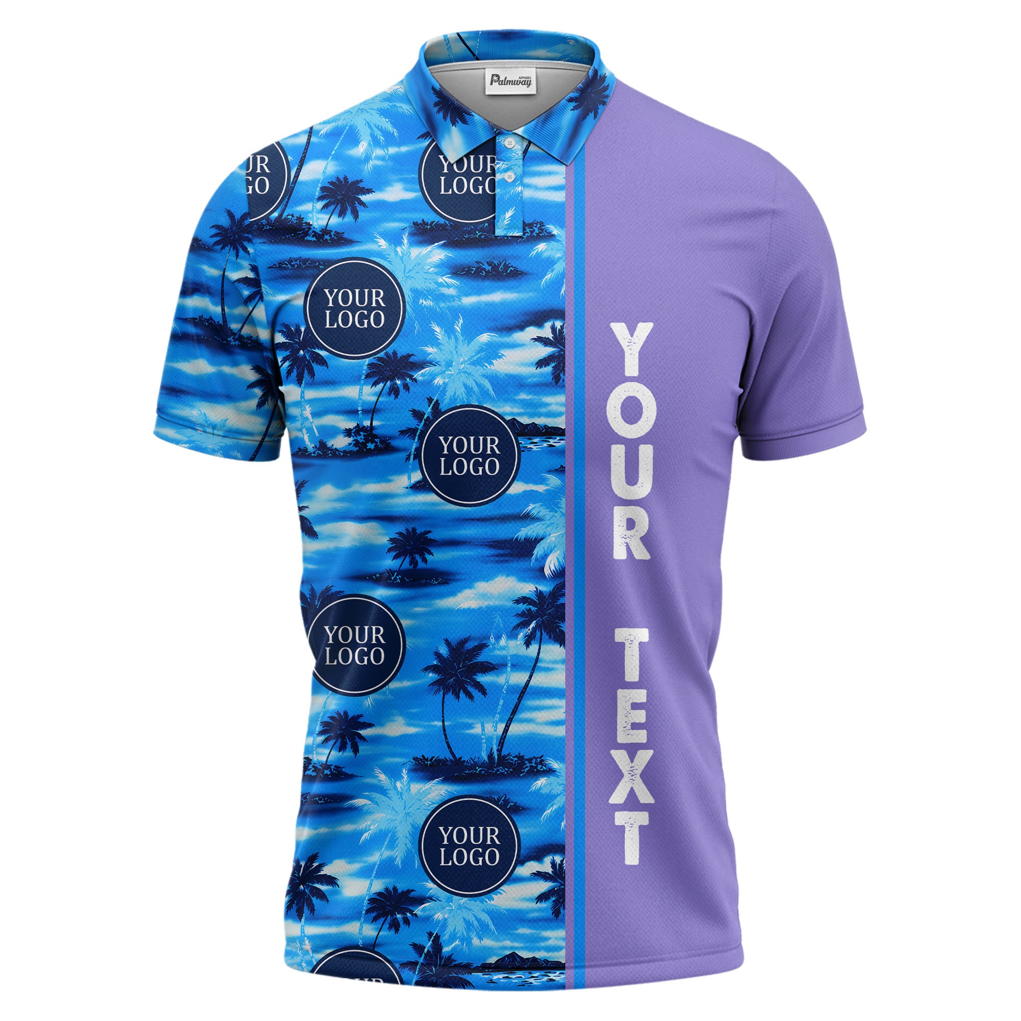 oceanic palm trees & circular logo repeat navy blue tropical beach polo shirt