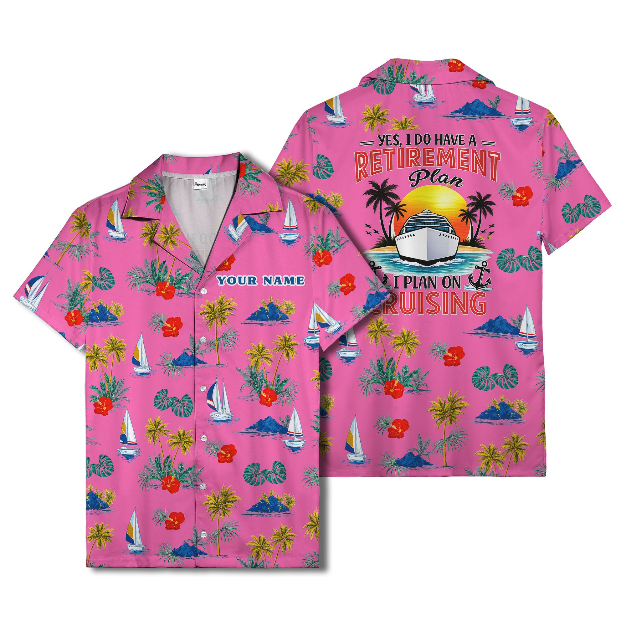 palm trees sailboats hibiscus island paradise hawaiian shirt