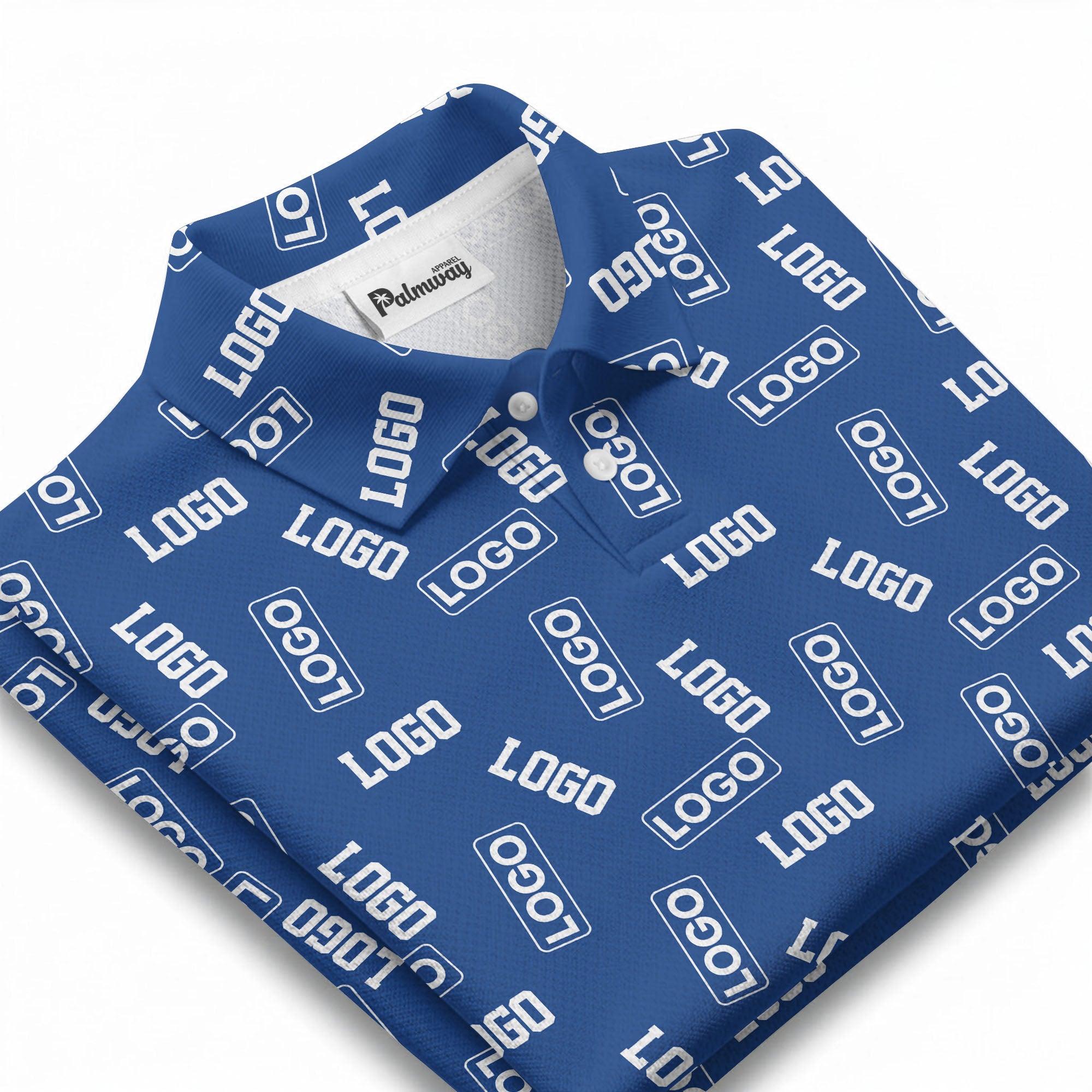 repeating logo splash blue white illustrated fun polo shirt for men