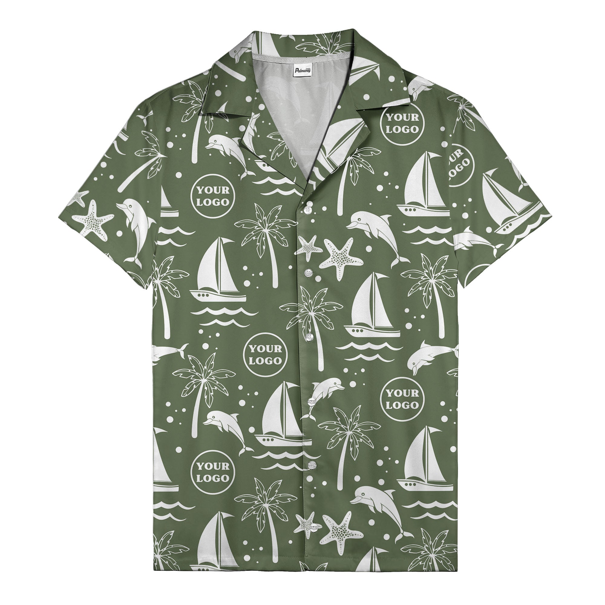 sailboats dolphins palm trees starfish repeat pattern black white hawaiian shirt