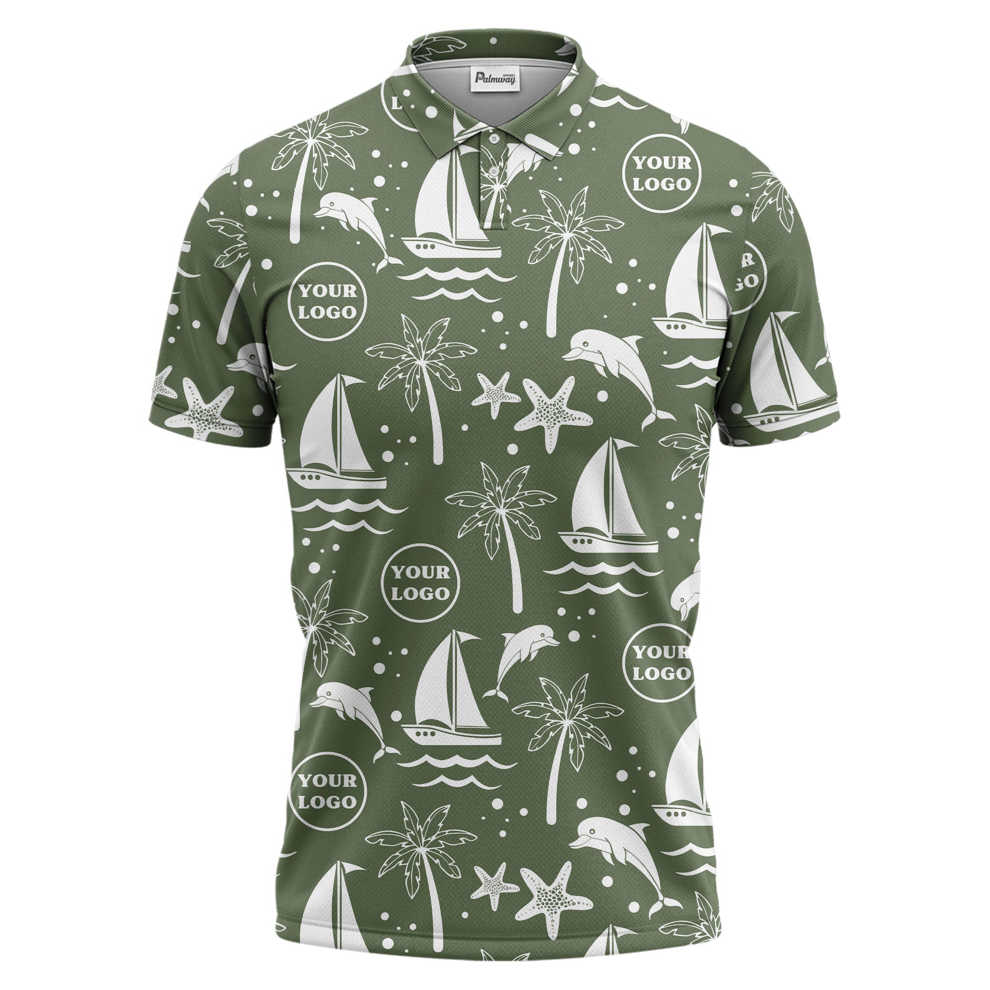 sailboats dolphins palm trees starfish repeat pattern black white polo shirt
