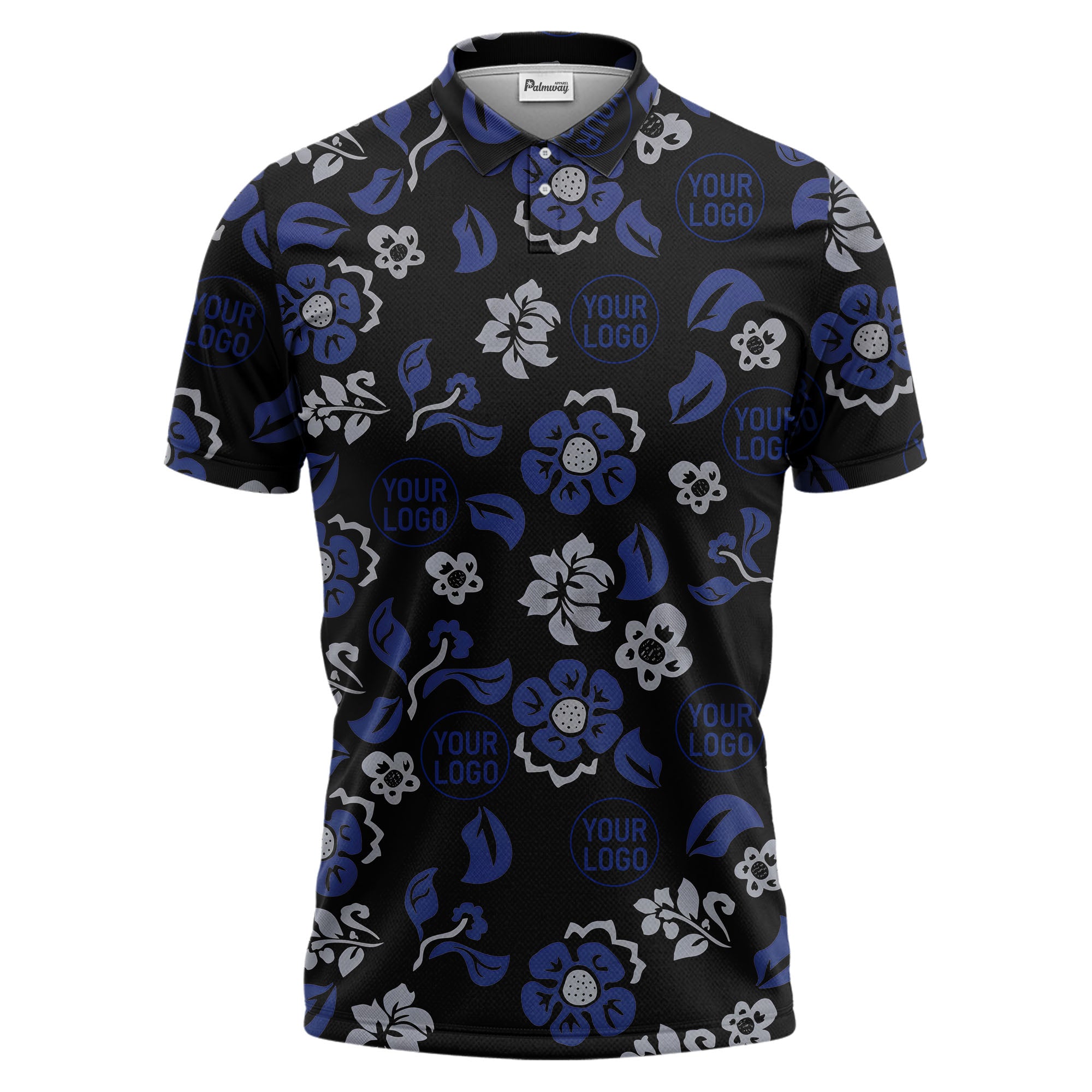 tropical blue floral logo repeating leaves polo shirt for men