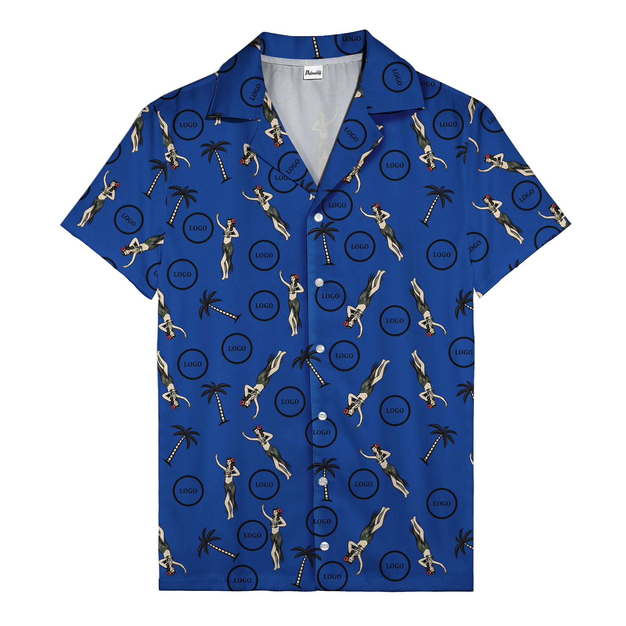 vintage hula dancers palm trees circular logo black hawaiian shirt for men
