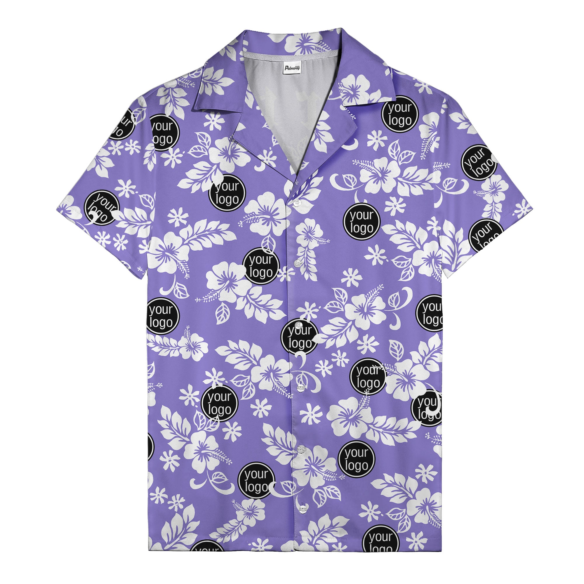 watercolor hibiscus blooms & custom logo navy blue hawaiian shirt