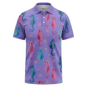 watercolor seahorse repeat marine life polo shirt in pink blue