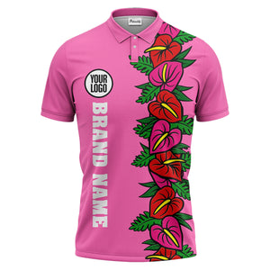 anthurium & emerald leaf stripe coral red polo shirt for men