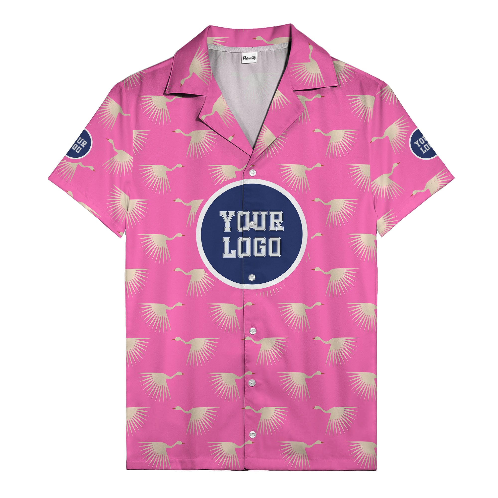 art deco crane silhouette logo beige navy hawaiian shirt