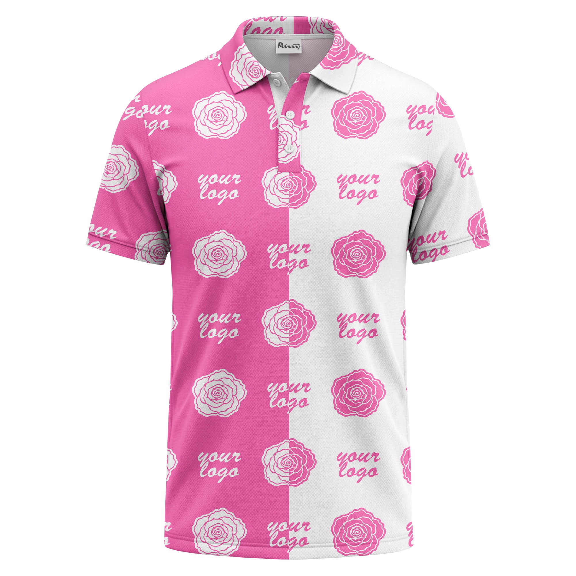 black white rose repeat custom logo monochrome polo shirt