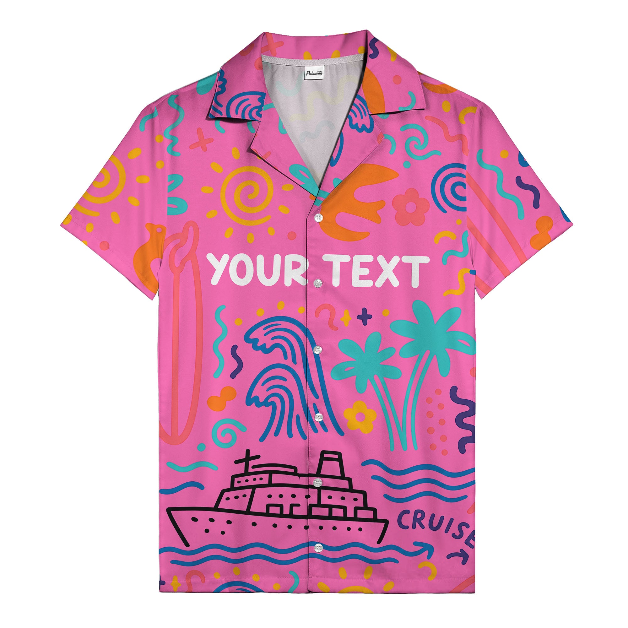 cartoon cruise ship palm trees surfboards wave hawaiian shirt