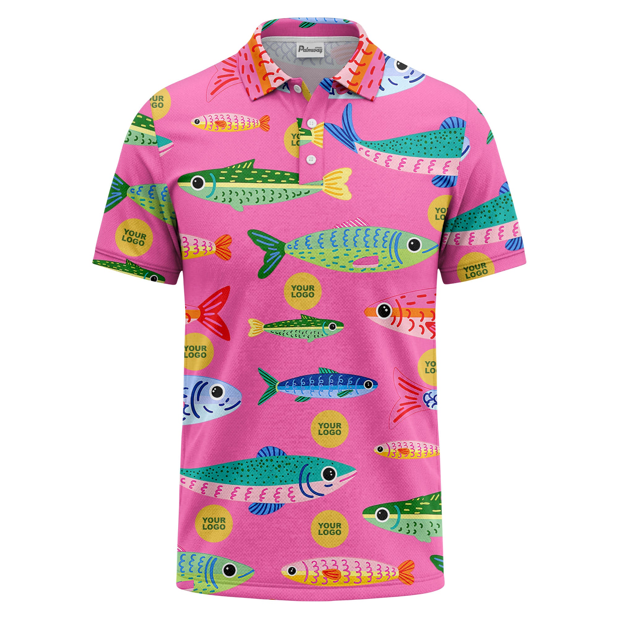 colorful cartoon fish & custom logo repeat all-over print polo shirt