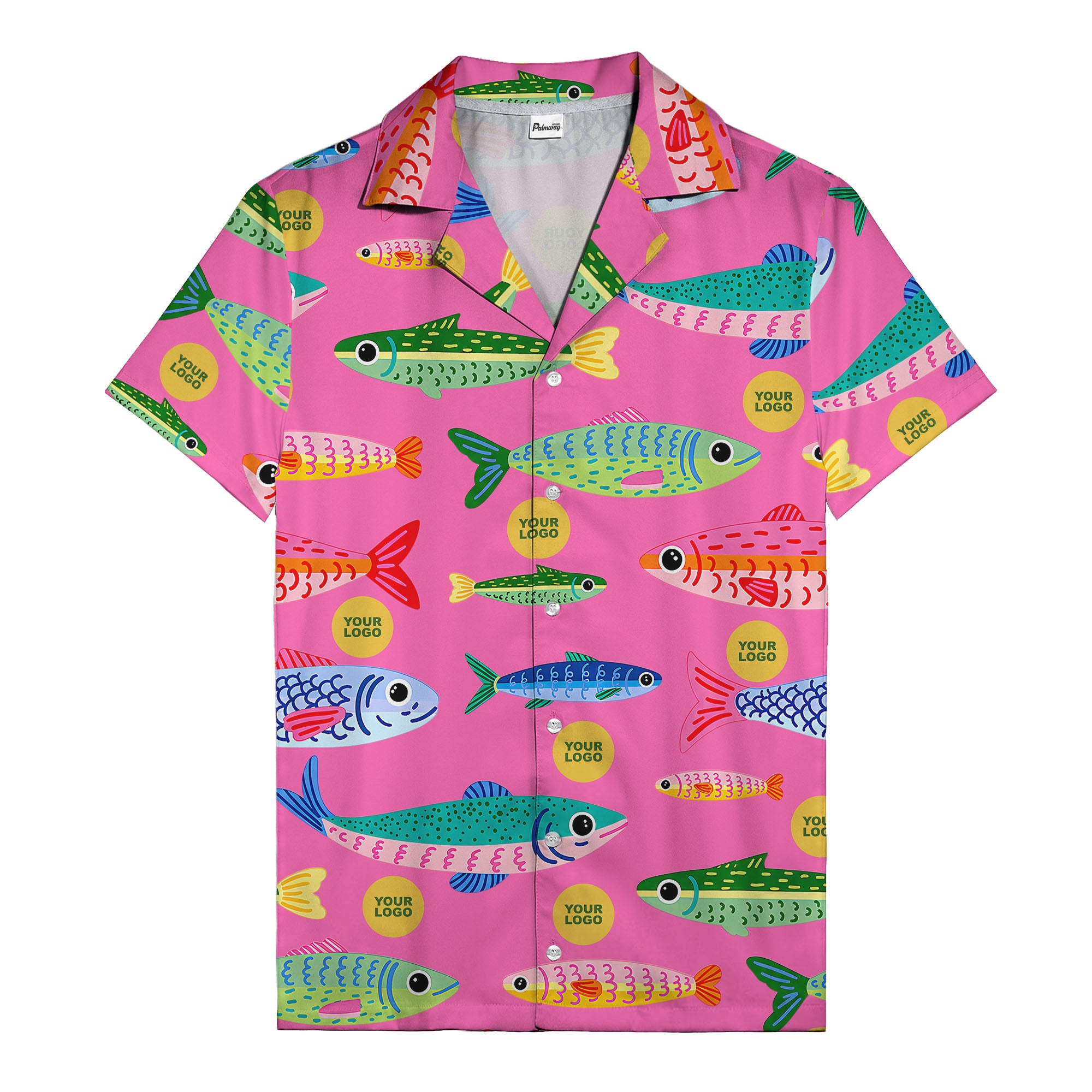 colorful cartoon fish & gold circle logo hawaiian shirt for men